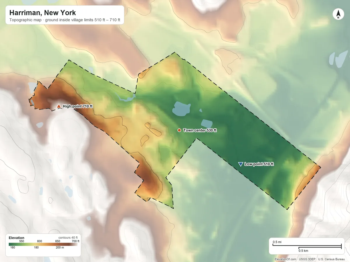 Topographic elevation map of Harriman, New York, shaded from 510 ft on the southeast side to 710 ft on the west side