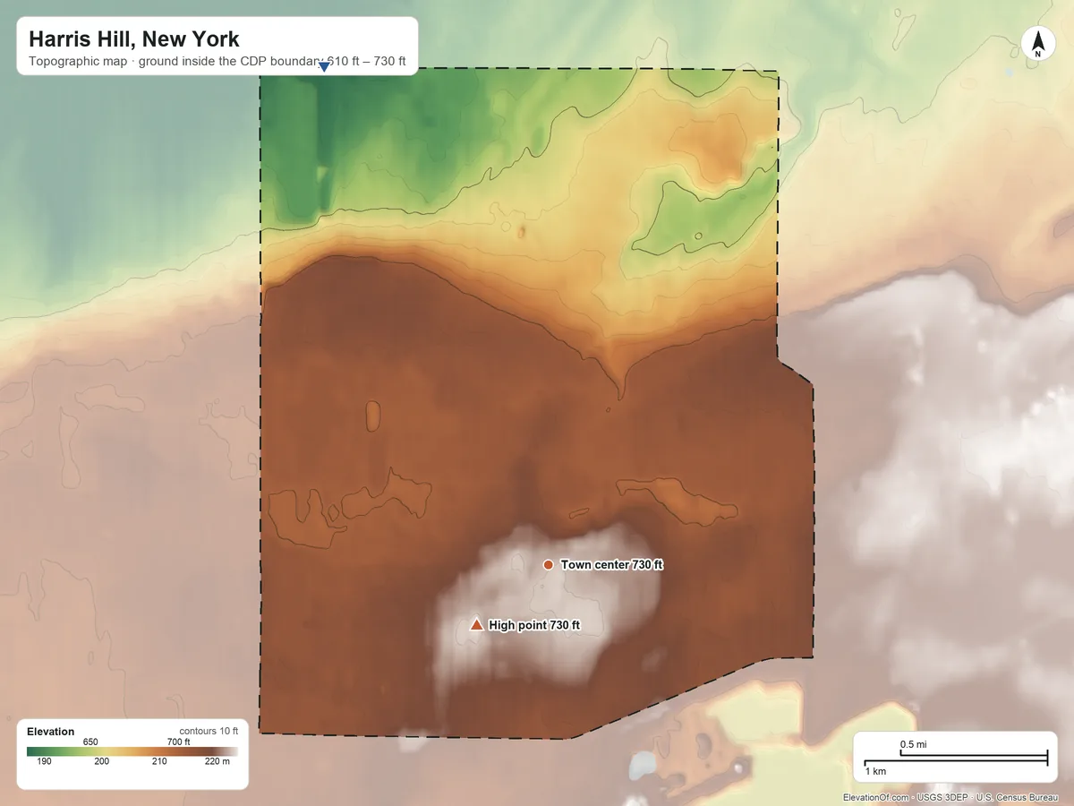 Topographic elevation map of Harris Hill, New York, shaded from 610 ft on the northwest side to 730 ft on the southwest side