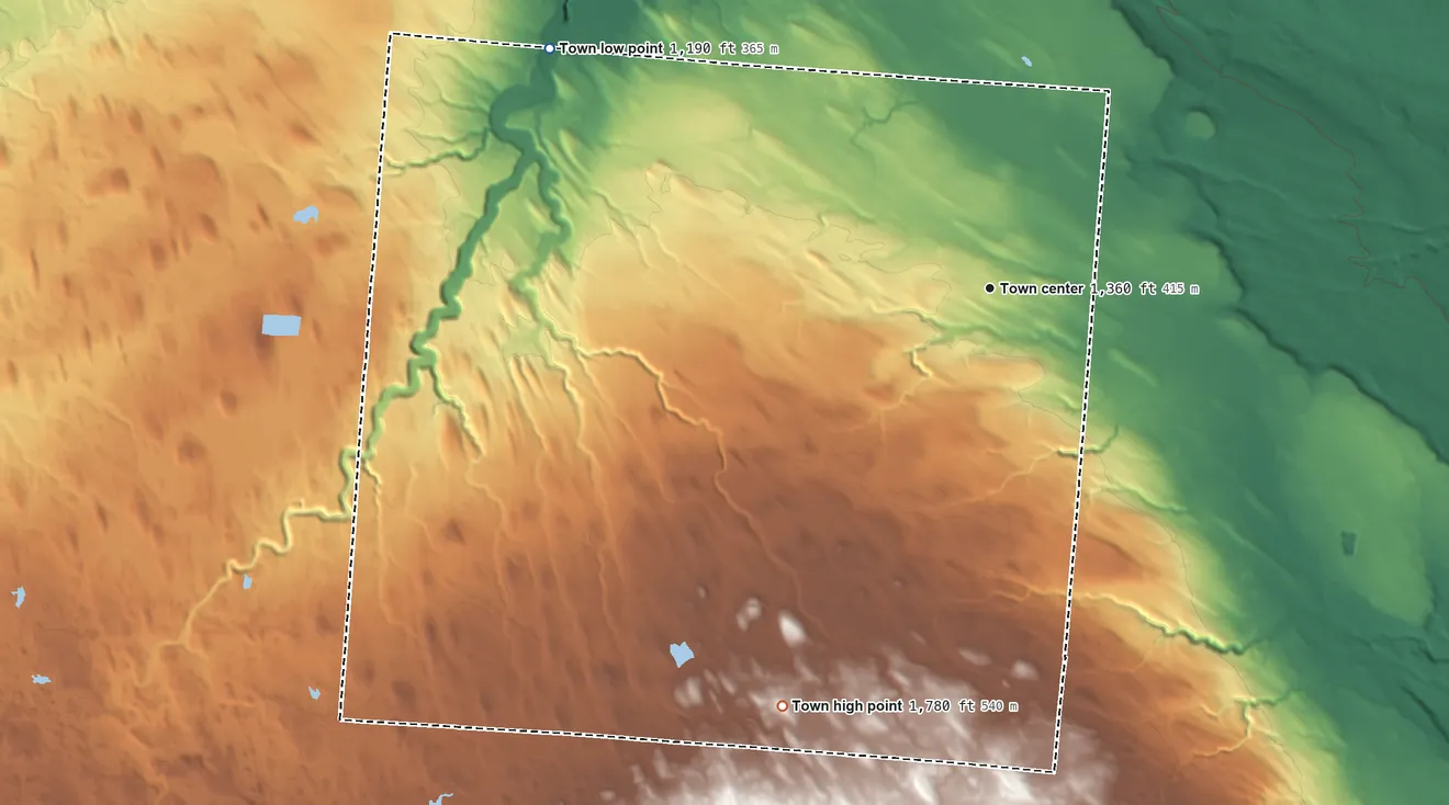 Topographic elevation map of Harrisburg, New York, shaded from 1,190 ft on the northwest side to 1,780 ft on the southwest side