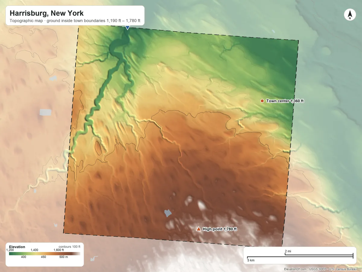 Topographic elevation map of Harrisburg, New York, shaded from 1,190 ft on the northwest side to 1,780 ft on the southwest side