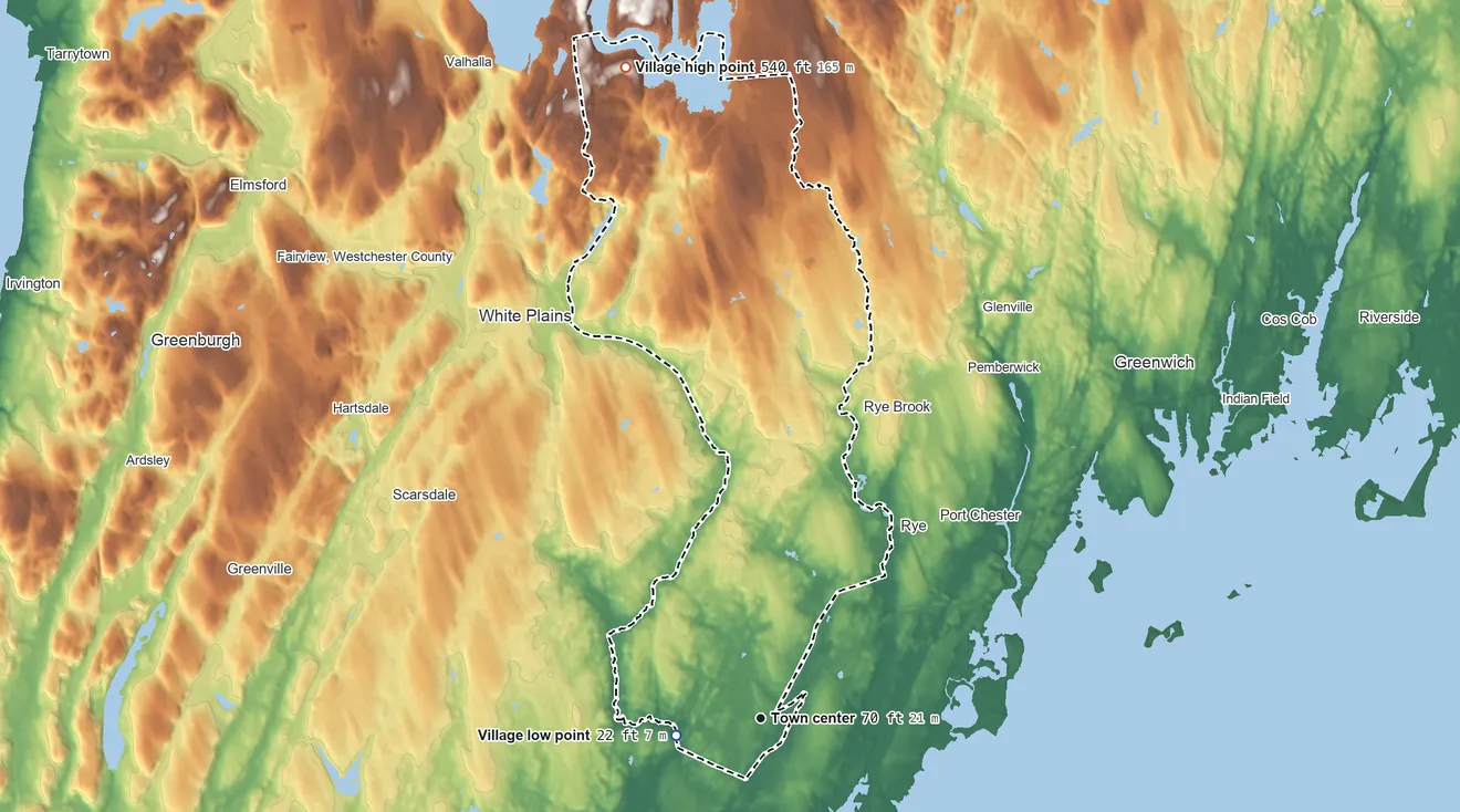Topographic elevation map of Harrison, New York, shaded from 22 ft on the west side to 540 ft on the north side
