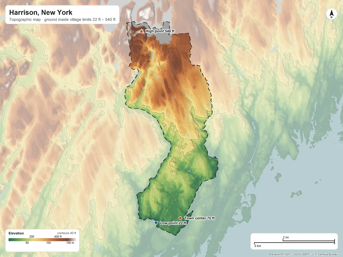 Topographic elevation map of Harrison, New York, shaded from 22 ft on the west side to 540 ft on the north side