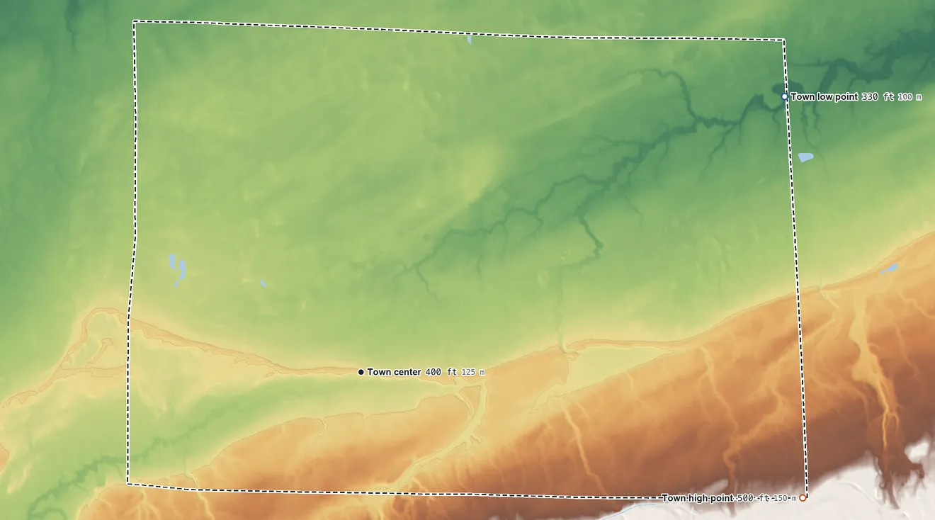 Topographic elevation map of Hartland, New York, shaded from 330 ft on the northeast side to 500 ft on the east side