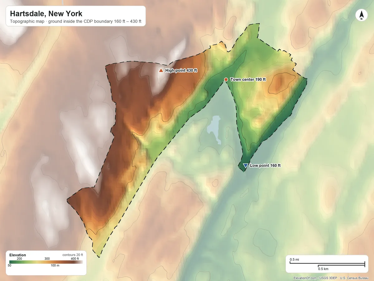 Topographic elevation map of Hartsdale, New York, shaded from 160 ft on the south side to 430 ft on the west side