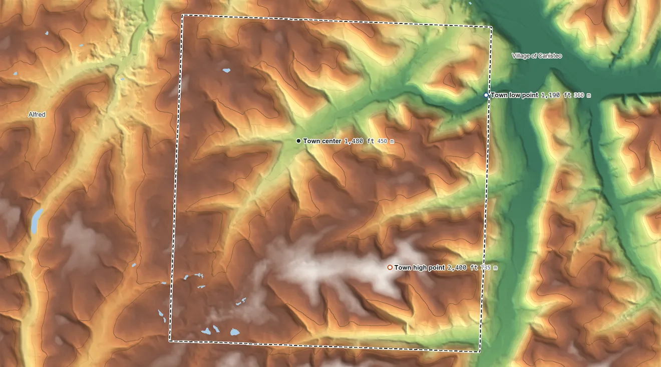 Topographic elevation map of Hartsville, New York, shaded from 1,190 ft on the east side to 2,400 ft on Call Hill