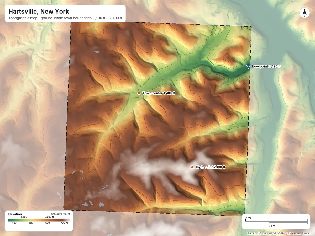 Topographic elevation map of Hartsville, New York, shaded from 1,190 ft on the east side to 2,400 ft on Call Hill