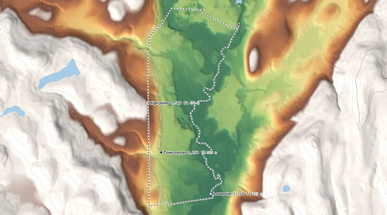 Topographic elevation map of Hartwick Seminary, New York, shaded from 1,160 ft on the southeast side to 1,540 ft on the north edge, below higher ground just outside