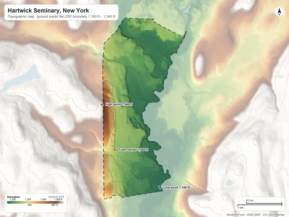 Topographic elevation map of Hartwick Seminary, New York, shaded from 1,160 ft on the southeast side to 1,540 ft on the north edge, below higher ground just outside