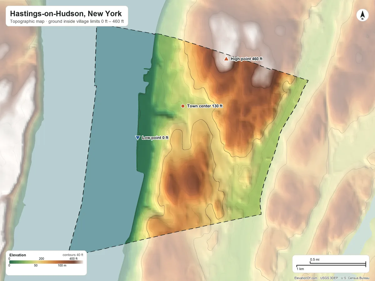 Topographic elevation map of Hastings-on-Hudson, New York, shaded from 0 ft on the southwest side to 460 ft on the northeast side