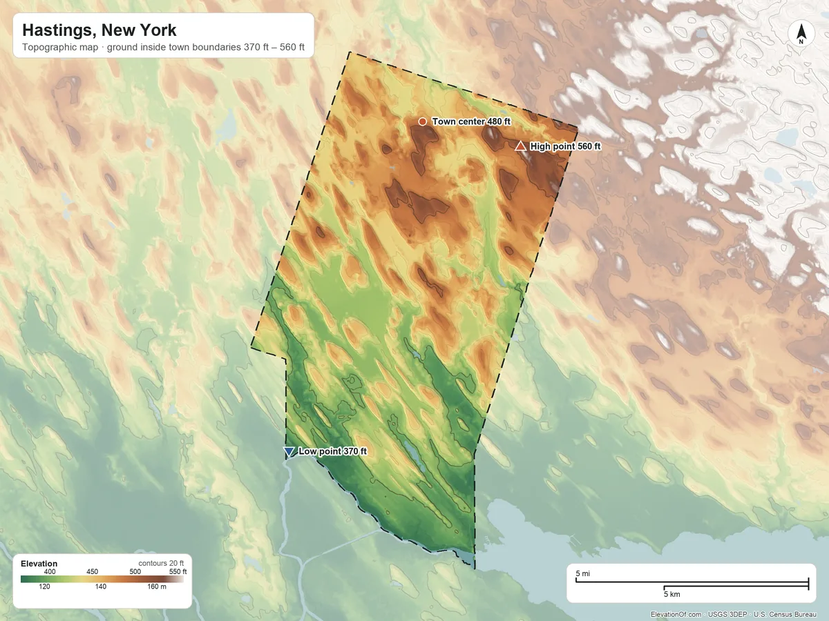 Topographic elevation map of Hastings, New York, shaded from 370 ft on the south side to 560 ft on the east side