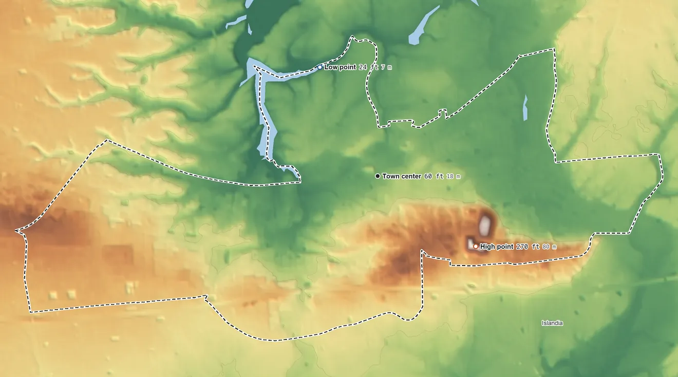 Topographic elevation map of Hauppauge, New York, shaded from 24 ft on the northwest side to 270 ft on the southeast side