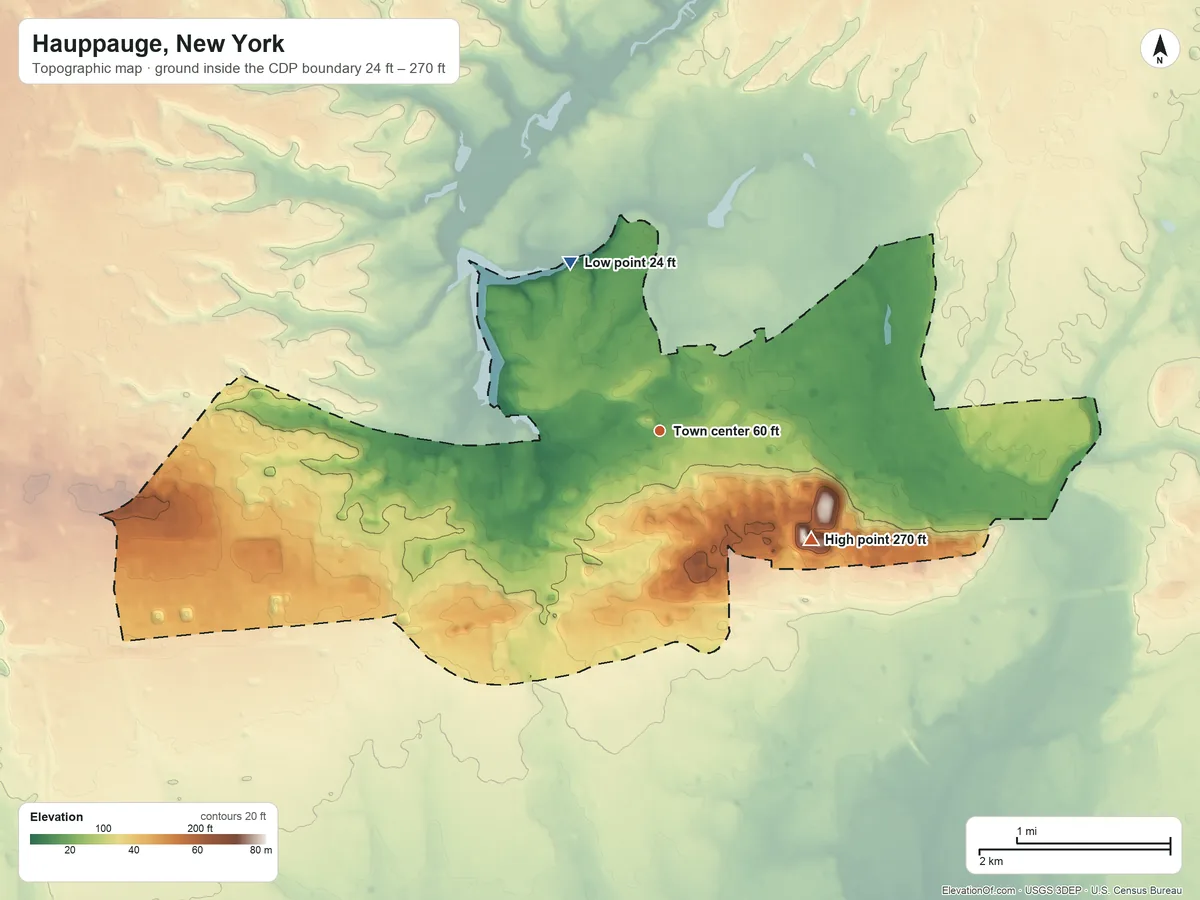 Topographic elevation map of Hauppauge, New York, shaded from 24 ft on the northwest side to 270 ft on the southeast side