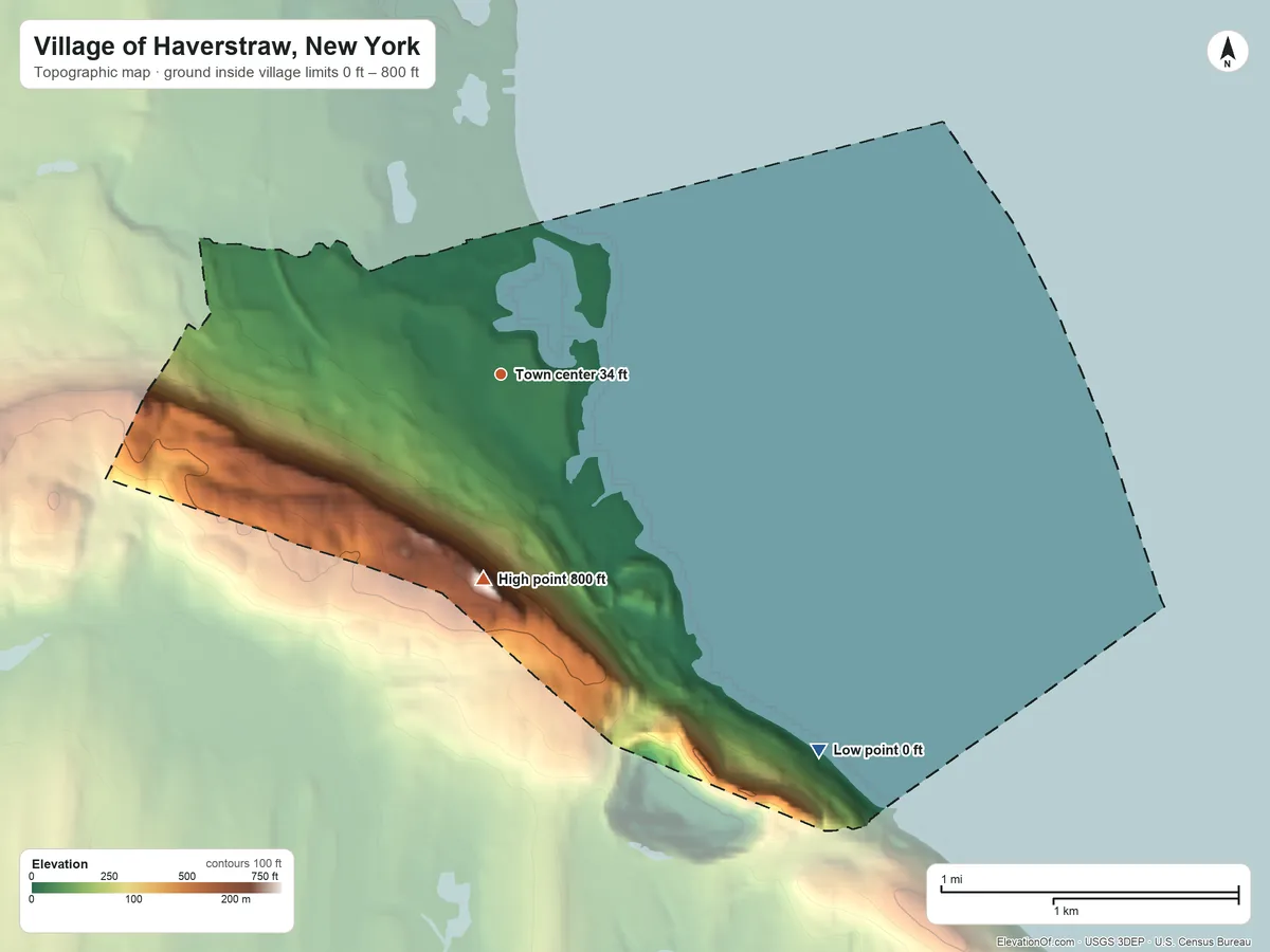 Topographic elevation map of Village of Haverstraw, New York, shaded from 0 ft on the southeast side to 800 ft on High Tor