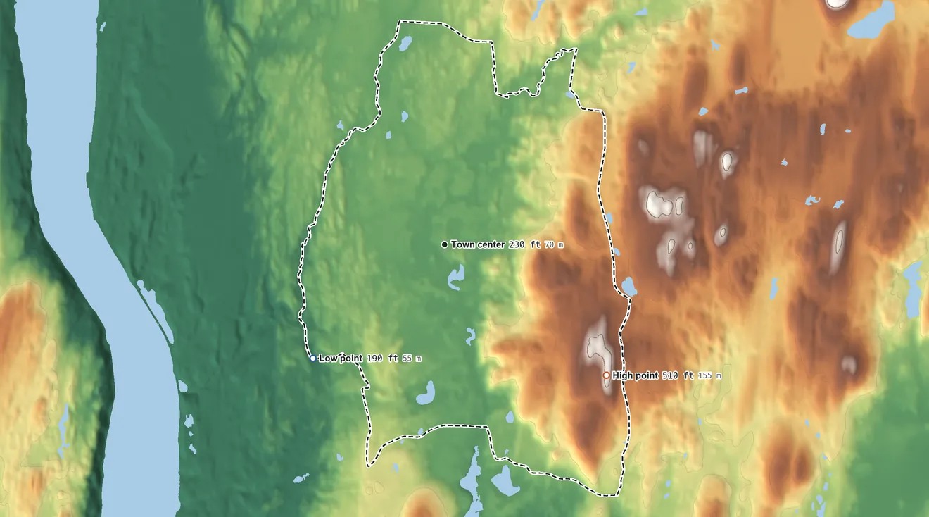 Topographic elevation map of Haviland, New York, shaded from 190 ft on the southwest side to 510 ft on the southeast side