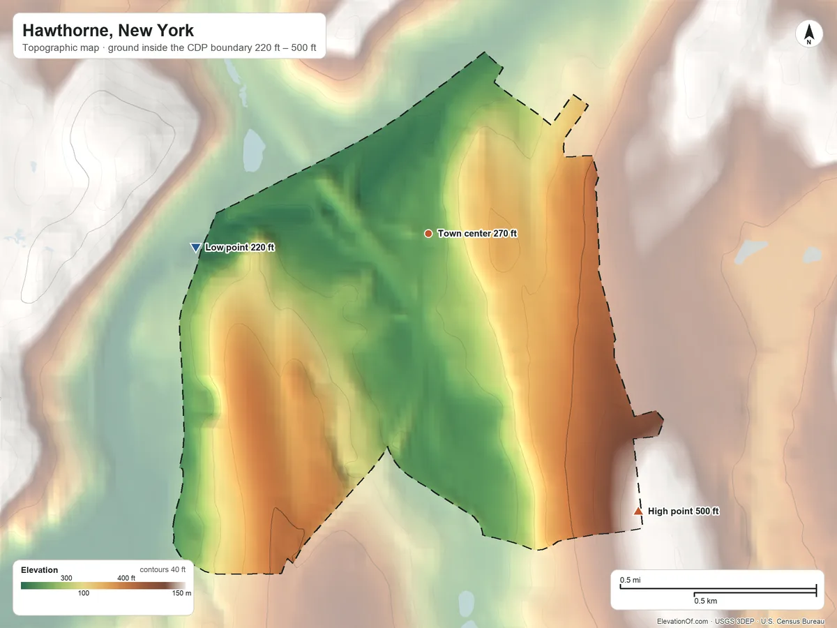 Topographic elevation map of Hawthorne, New York, shaded from 220 ft on the west side to 500 ft on the southeast side