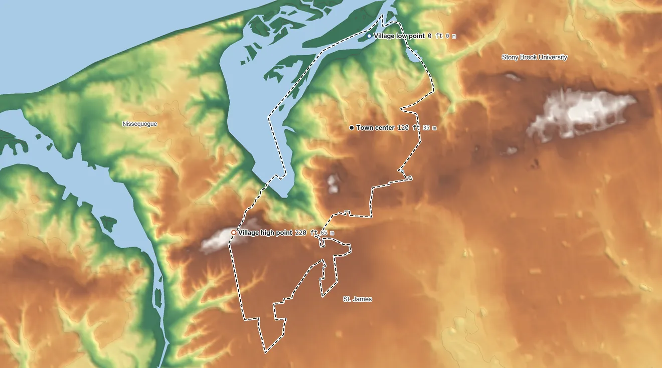 Topographic elevation map of Head of the Harbor, New York, shaded from sea level level on Stony Brook Harbor to 220 ft on the southwest side