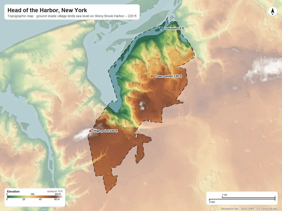 Topographic elevation map of Head of the Harbor, New York, shaded from sea level level on Stony Brook Harbor to 220 ft on the southwest side