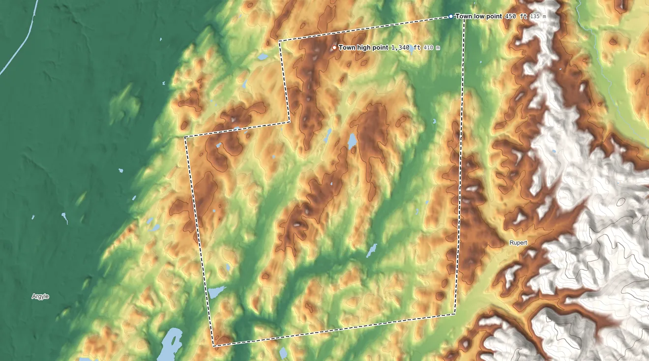 Topographic elevation map of Hebron, New York, shaded from 450 ft on the northeast side to 1,340 ft on Mount Tom