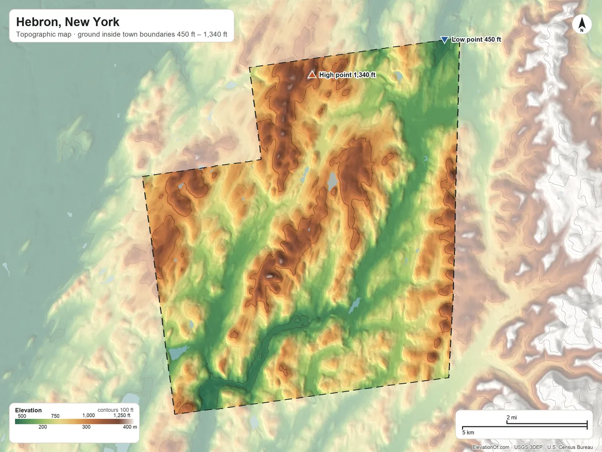 Topographic elevation map of Hebron, New York, shaded from 450 ft on the northeast side to 1,340 ft on Mount Tom