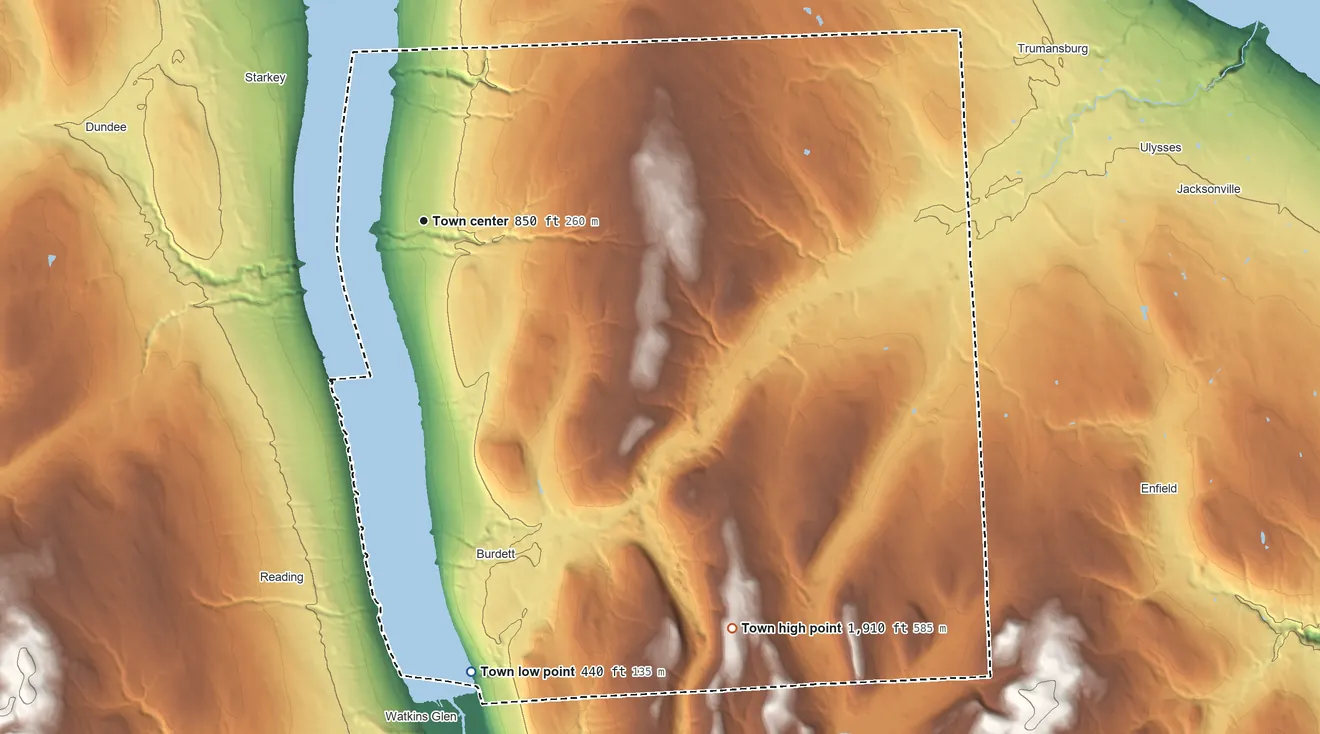Topographic elevation map of Hector, New York, shaded from 440 ft on the south side to 1,910 ft on the southeast side