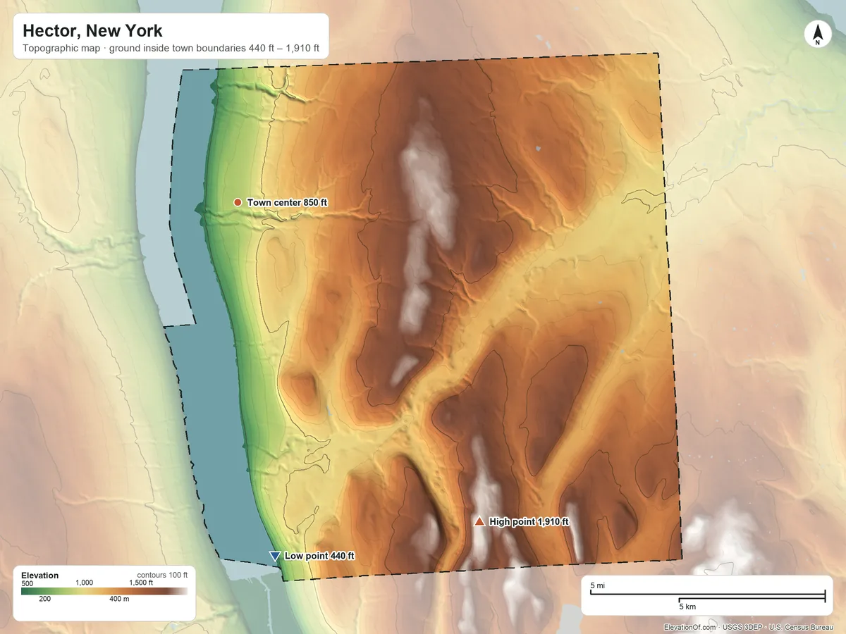 Topographic elevation map of Hector, New York, shaded from 440 ft on the south side to 1,910 ft on the southeast side