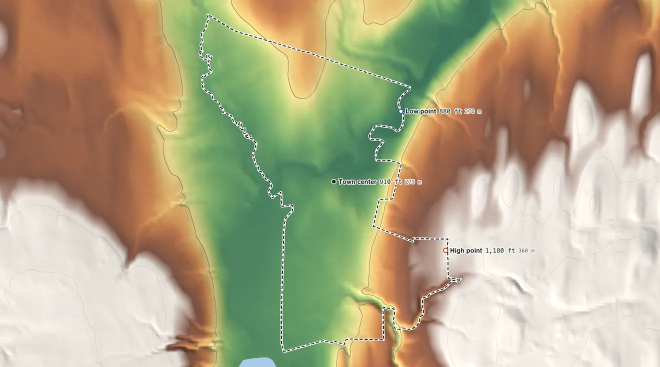 Topographic elevation map of Hemlock, New York, shaded from 880 ft on the northeast side to 1,180 ft on the southeast edge, below higher ground just outside