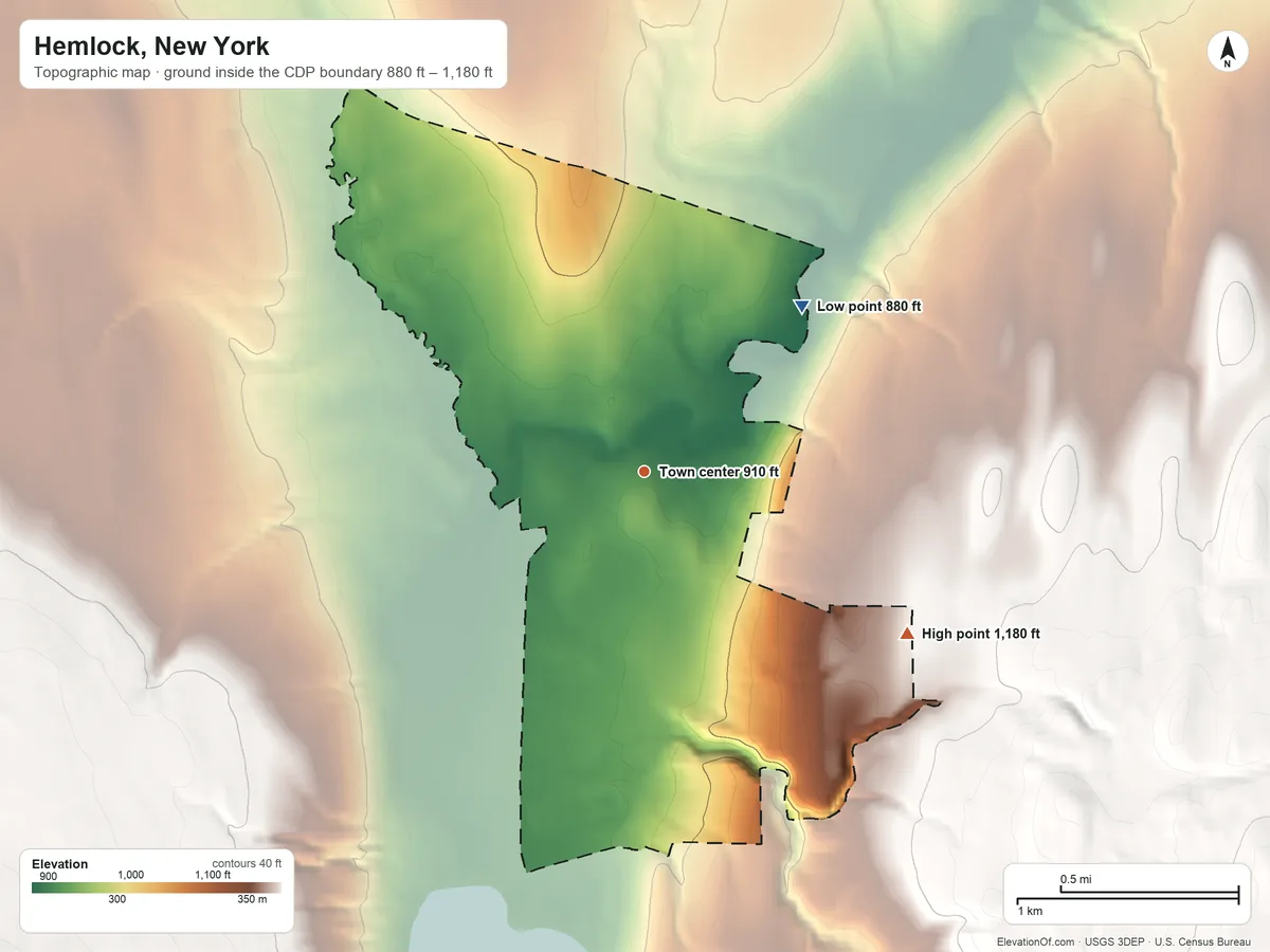 Topographic elevation map of Hemlock, New York, shaded from 880 ft on the northeast side to 1,180 ft on the southeast edge, below higher ground just outside
