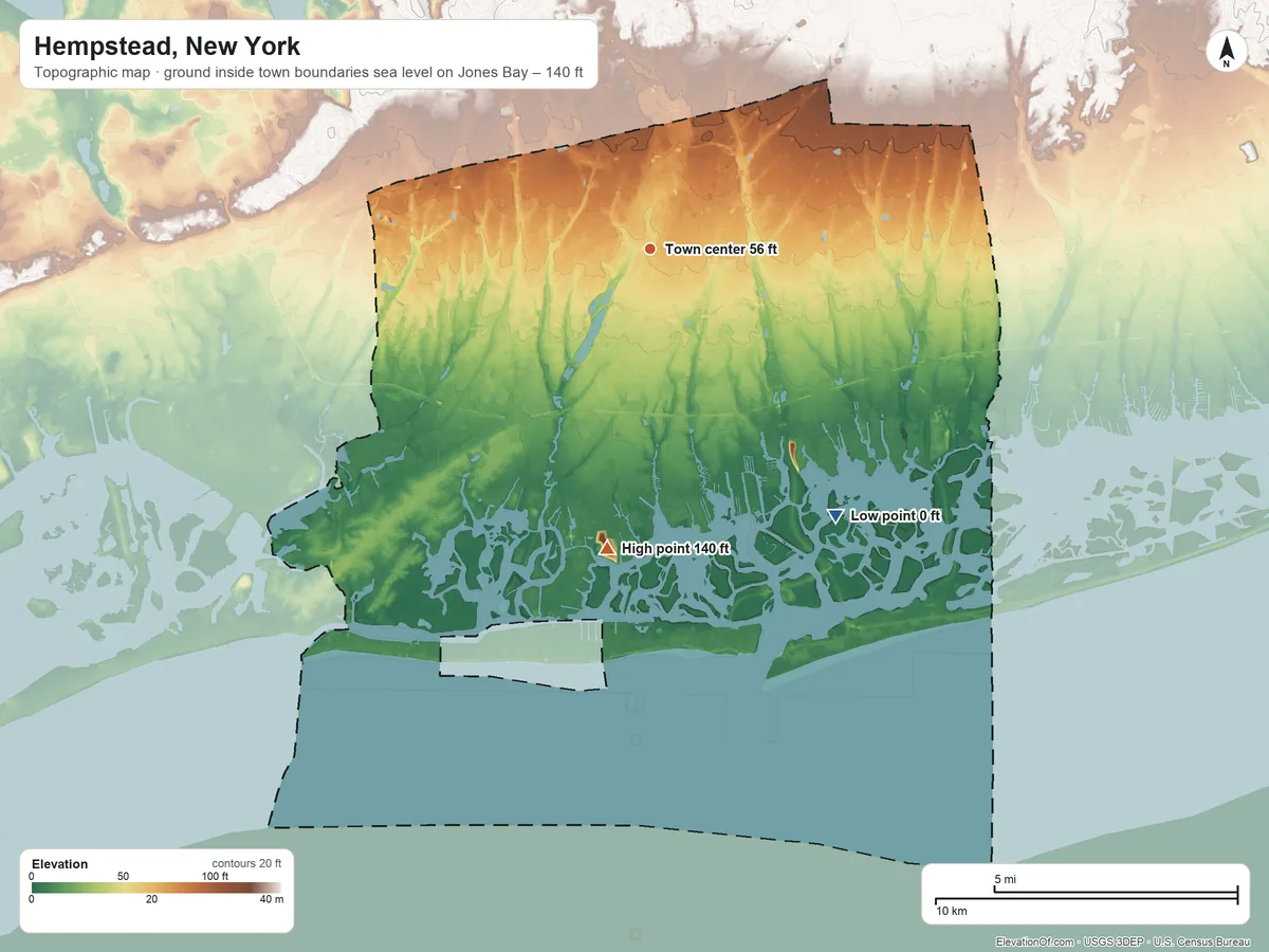 Topographic elevation map of Hempstead, New York, shaded from sea level level on Jones Bay to 140 ft on the south side