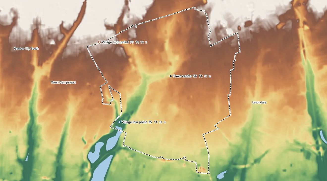 Topographic elevation map of Village of Hempstead, New York, shaded from 35 ft on the southwest side to 78 ft on the northwest side