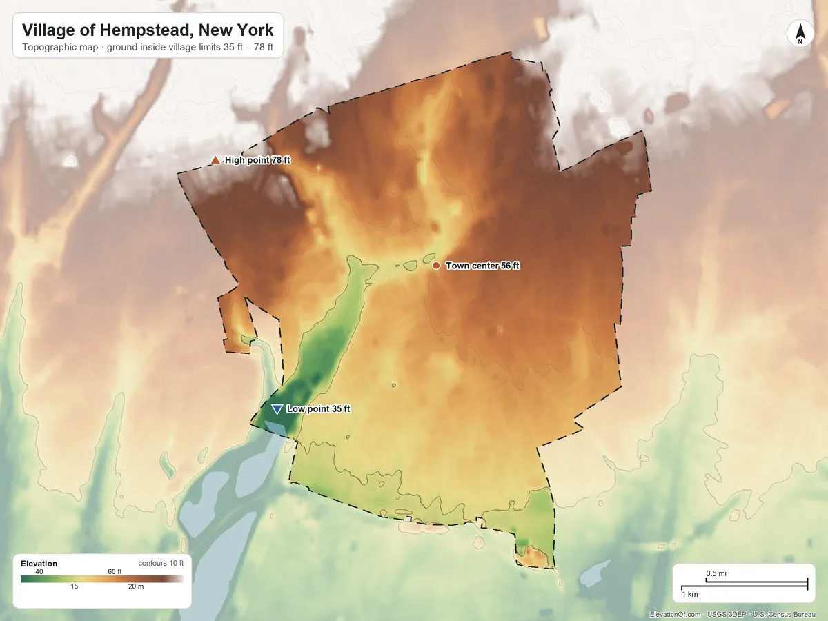 Topographic elevation map of Village of Hempstead, New York, shaded from 35 ft on the southwest side to 78 ft on the northwest side