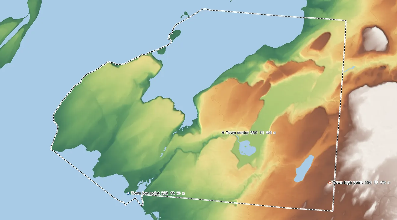 Topographic elevation map of Henderson, New York, shaded from 250 ft on the southwest side to 550 ft on the southeast side