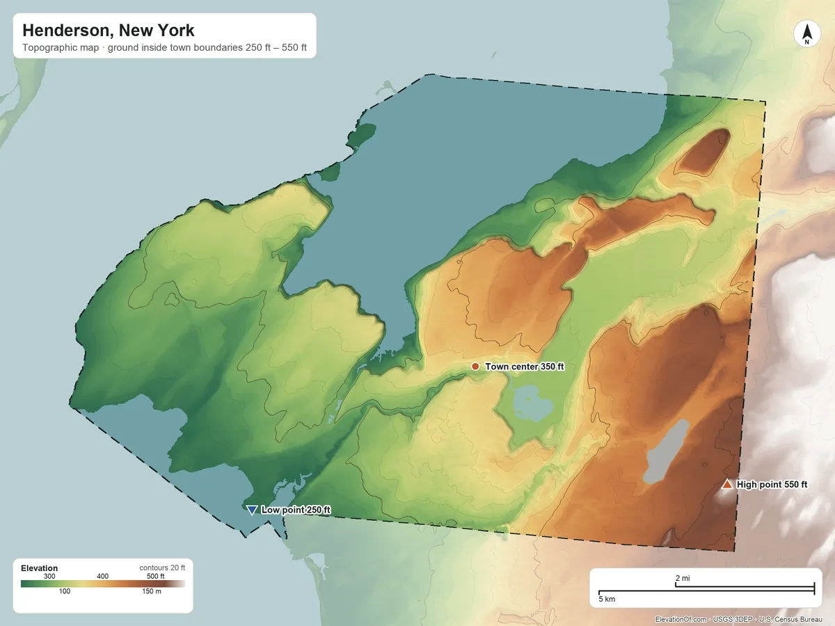 Topographic elevation map of Henderson, New York, shaded from 250 ft on the southwest side to 550 ft on the southeast side