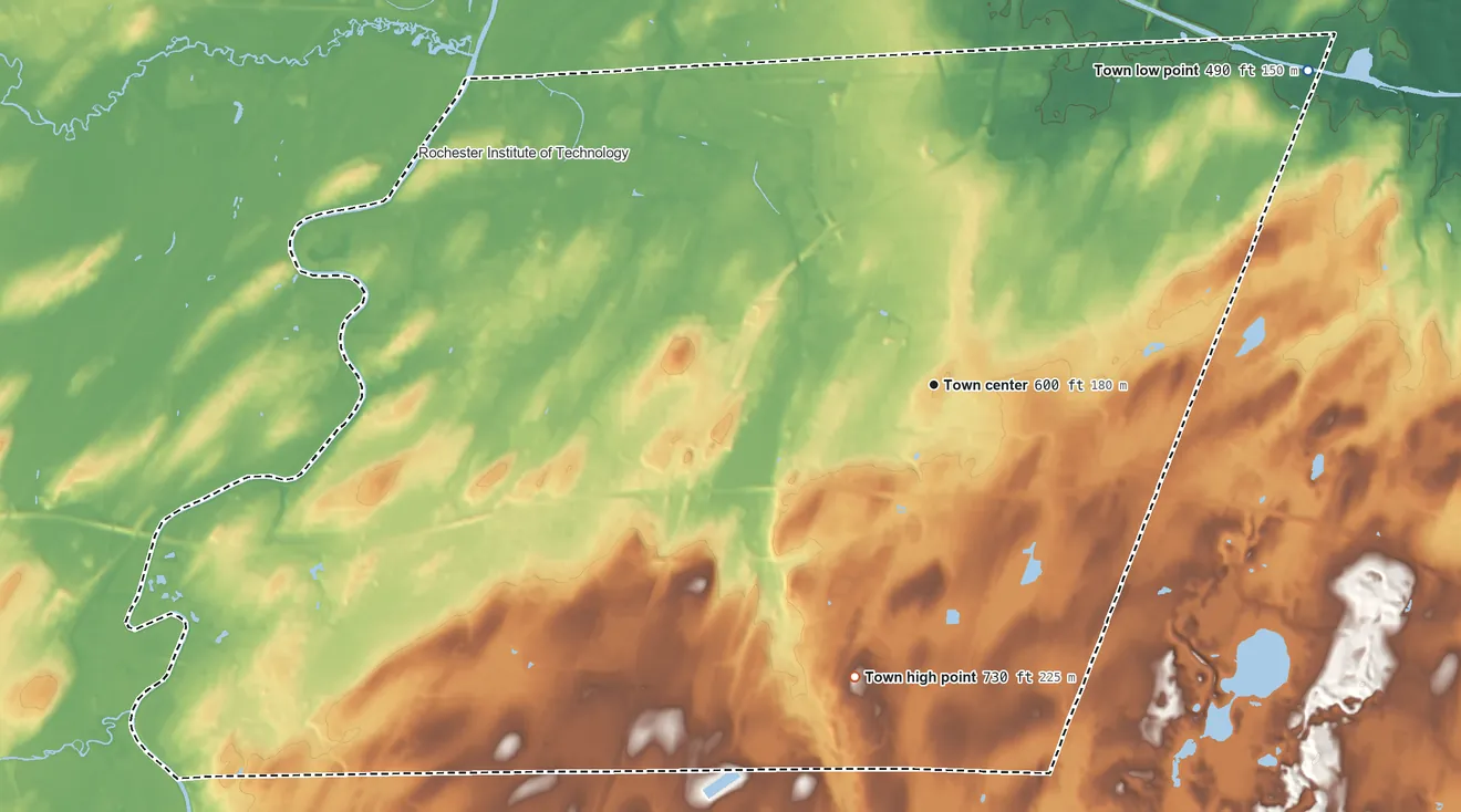 Topographic elevation map of Henrietta, New York, shaded from 490 ft on the northeast side to 730 ft on the south side