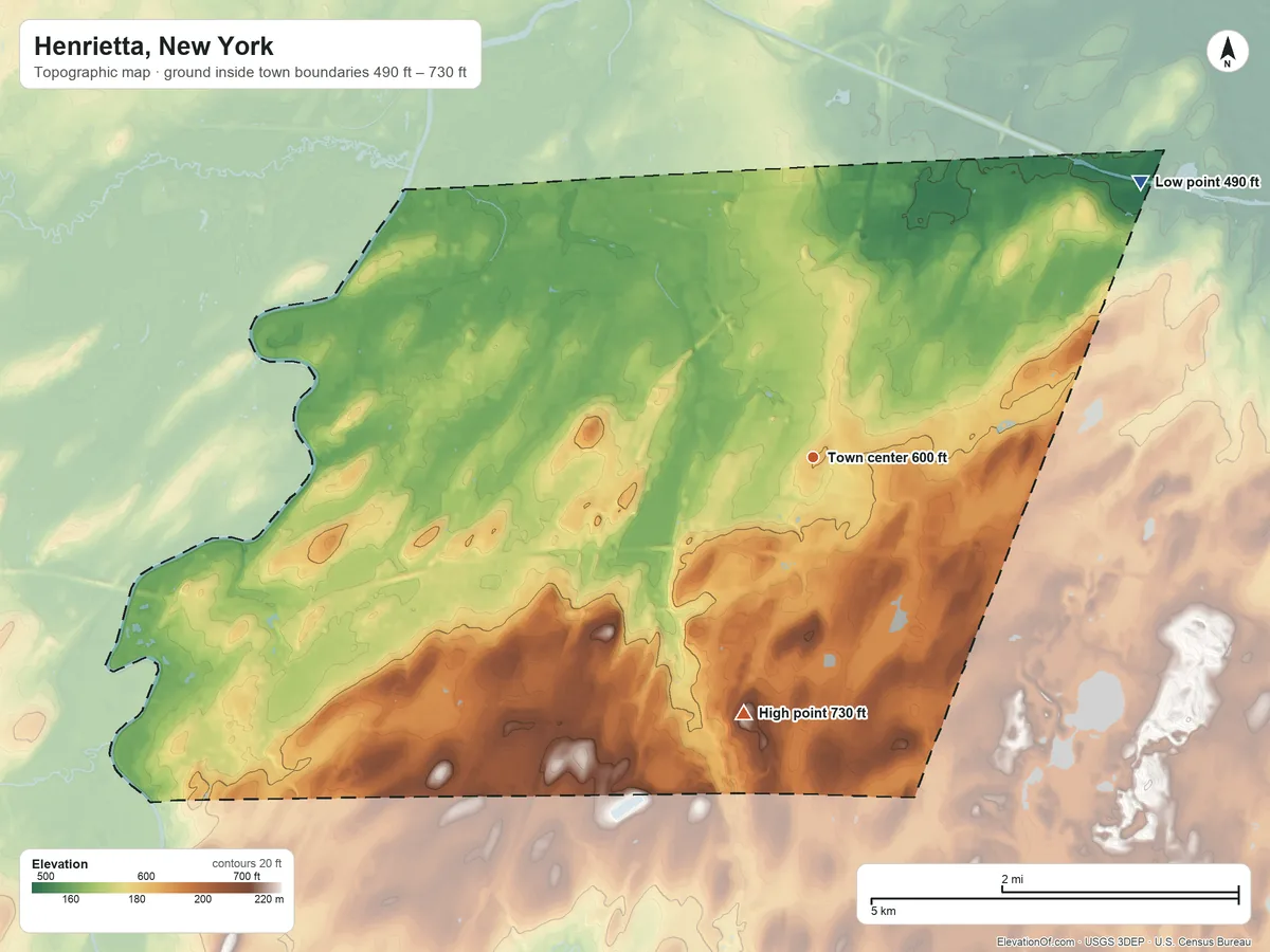 Topographic elevation map of Henrietta, New York, shaded from 490 ft on the northeast side to 730 ft on the south side