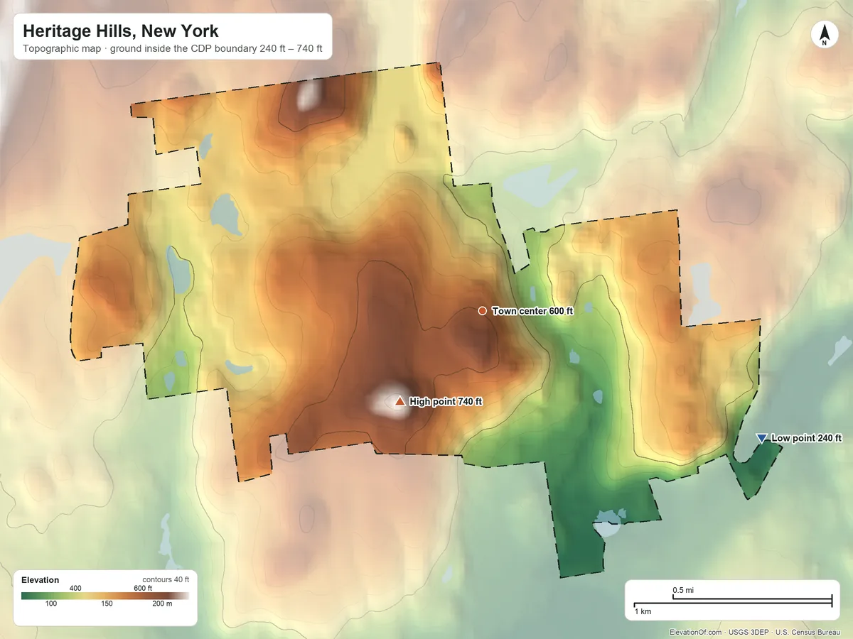 Topographic elevation map of Heritage Hills, New York, shaded from 240 ft on the southeast side to 740 ft on Round Top