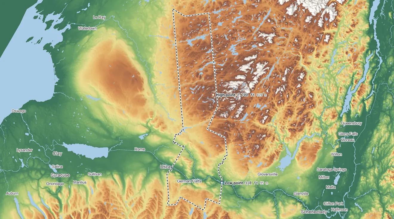 Topographic elevation map of Herkimer County, New York, shaded from 310 ft on the south side to 2,700 ft on the northeast side