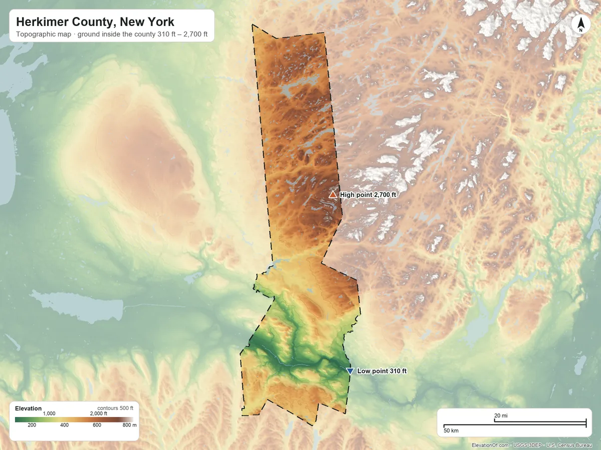 Topographic elevation map of Herkimer County, New York, shaded from 310 ft on the south side to 2,700 ft on the northeast side