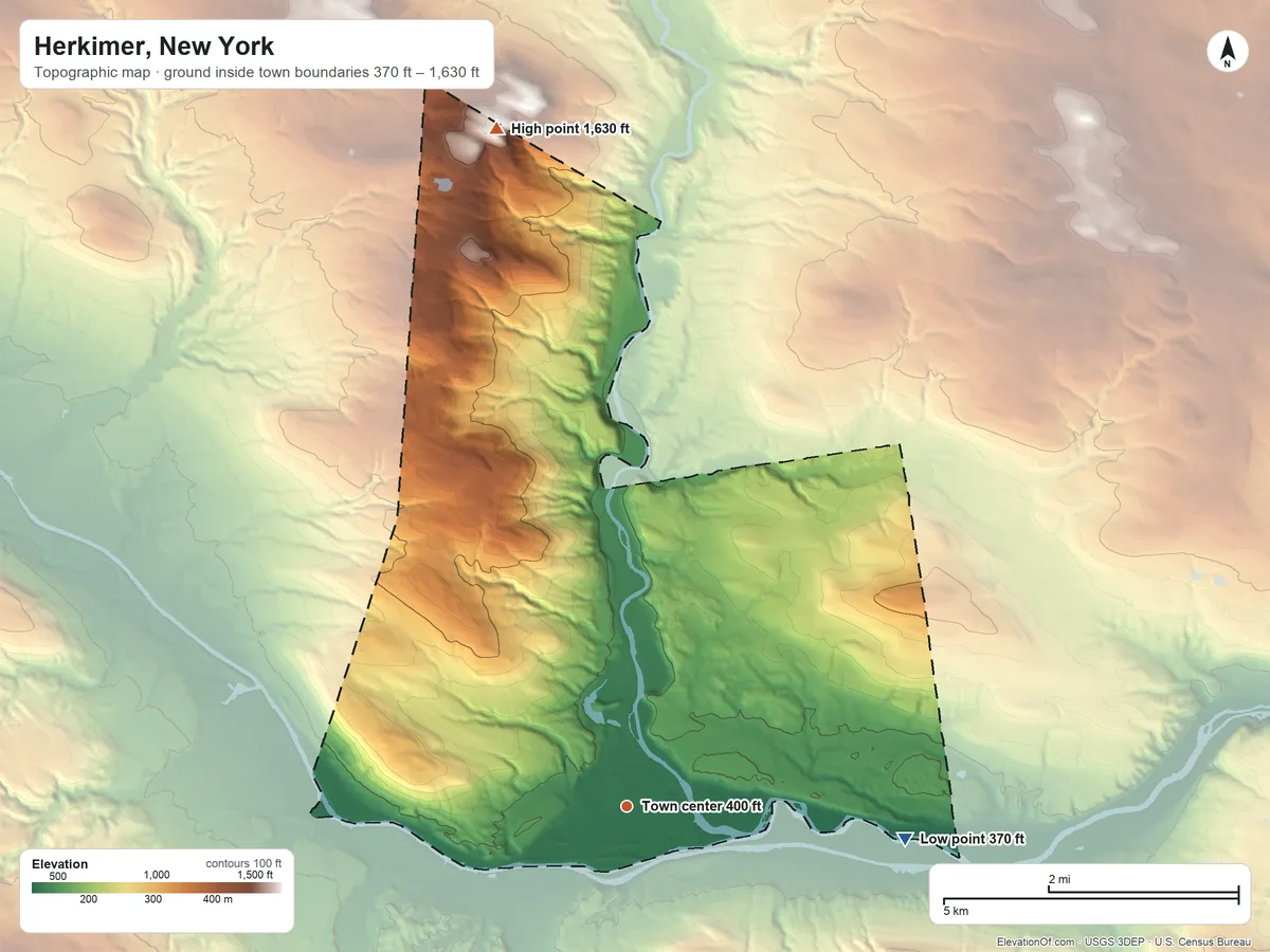Topographic elevation map of Herkimer, New York, shaded from 370 ft on the east side to 1,630 ft on Schrader Hill