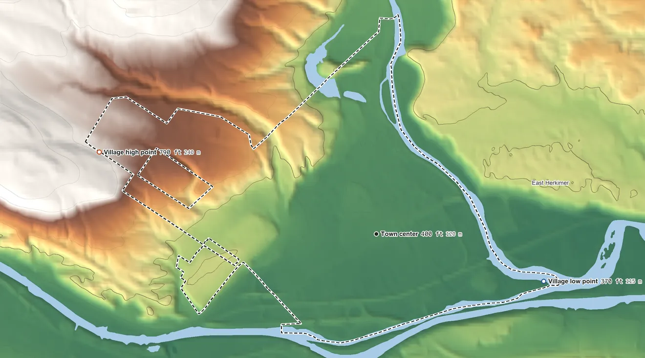 Topographic elevation map of Village of Herkimer, New York, shaded from 370 ft on the east side to 790 ft on the west edge, below higher ground just outside