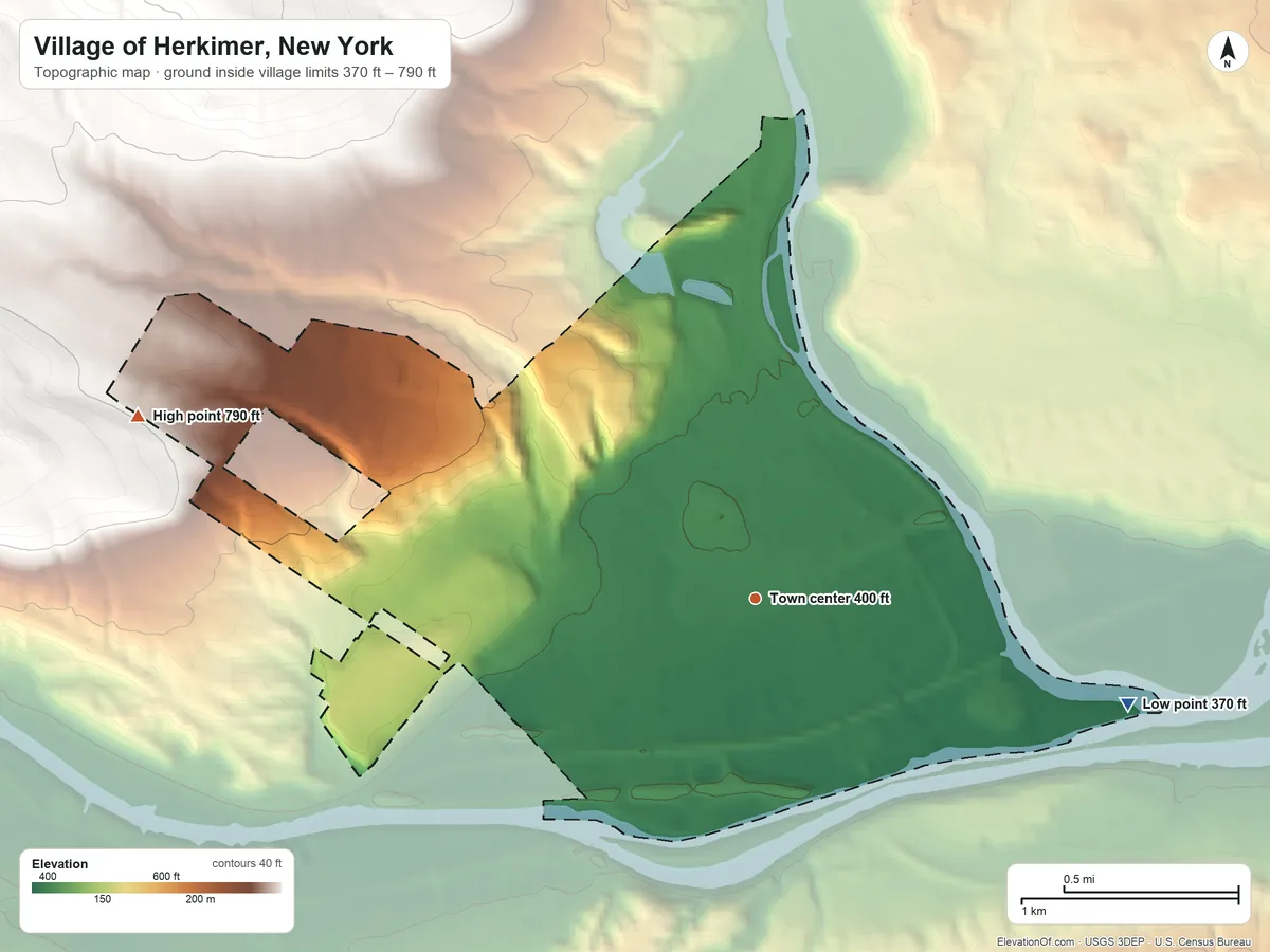 Topographic elevation map of Village of Herkimer, New York, shaded from 370 ft on the east side to 790 ft on the west edge, below higher ground just outside