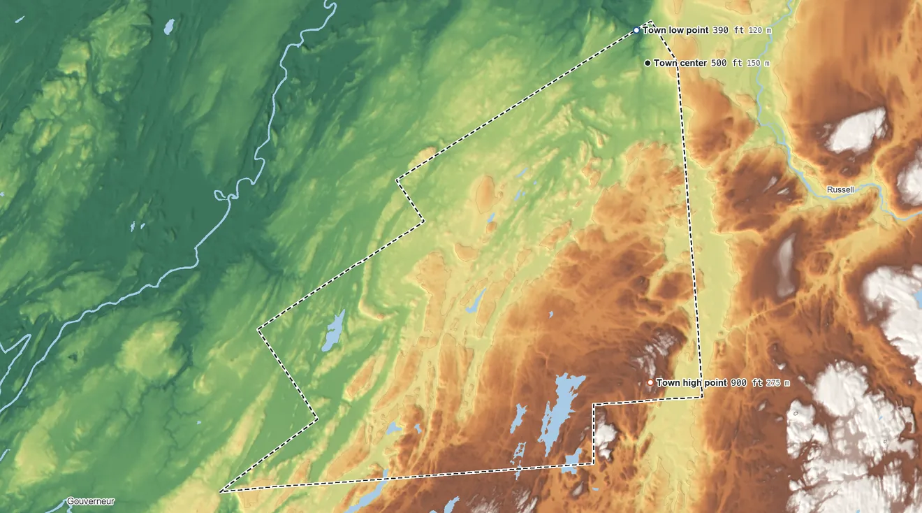 Topographic elevation map of Hermon, New York, shaded from 390 ft near the middle to 900 ft on the south side