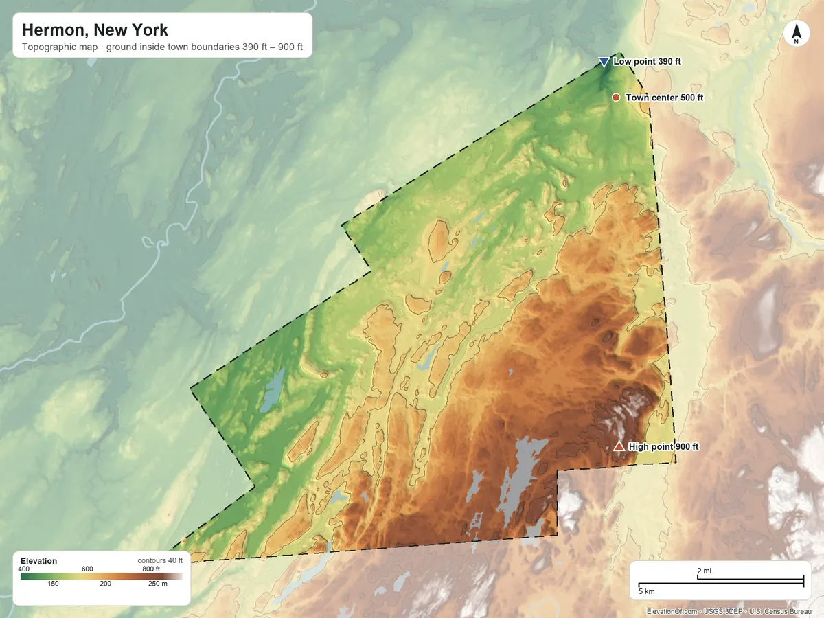 Topographic elevation map of Hermon, New York, shaded from 390 ft near the middle to 900 ft on the south side