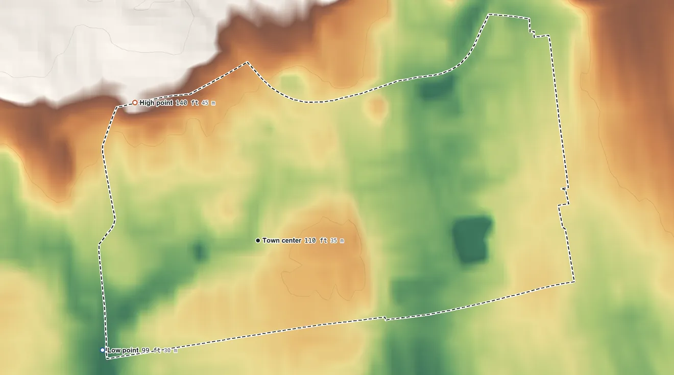 Topographic elevation map of Herricks, New York, shaded from 99 ft on the southwest side to 140 ft on the northwest side