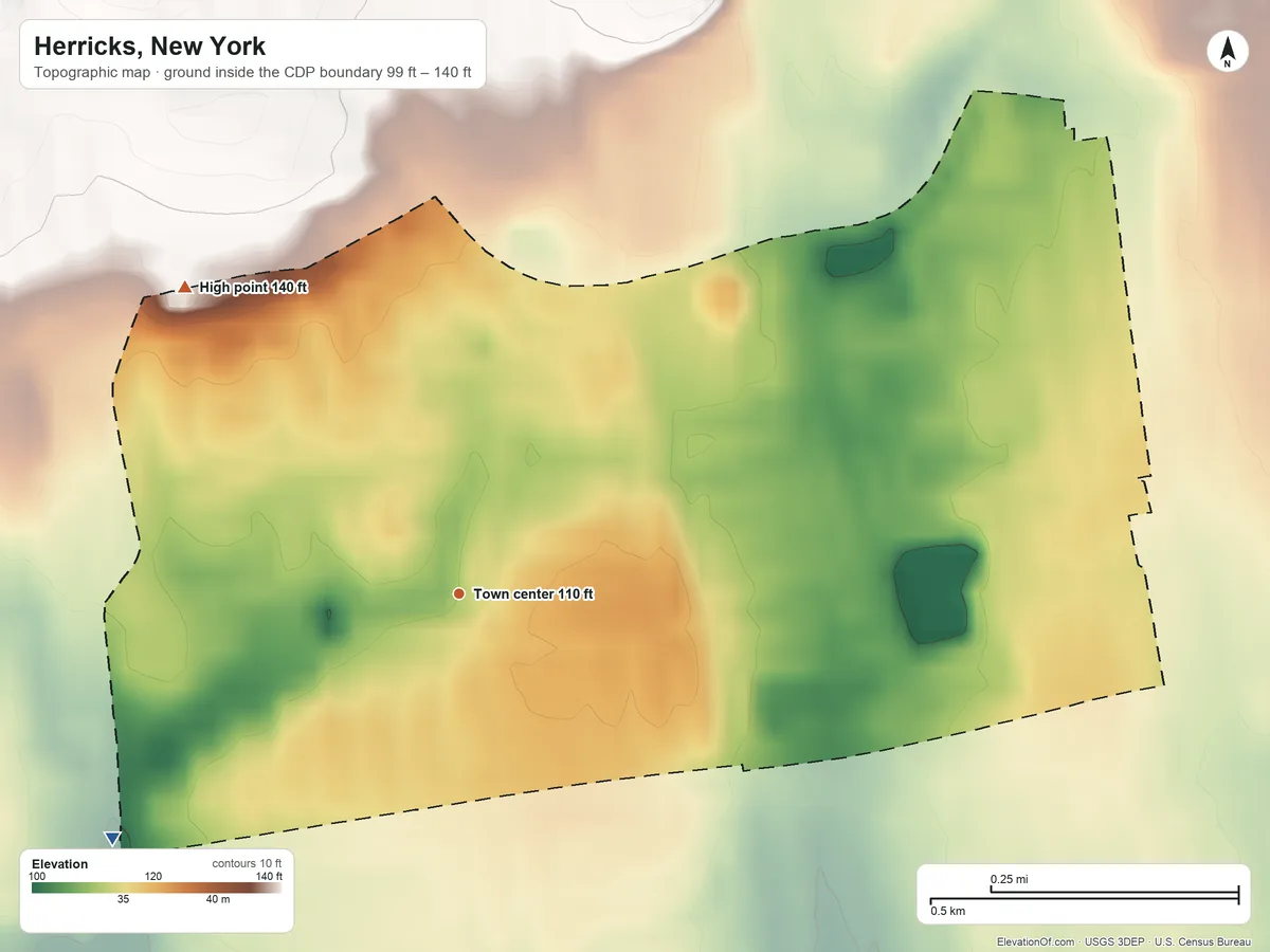 Topographic elevation map of Herricks, New York, shaded from 99 ft on the southwest side to 140 ft on the northwest side