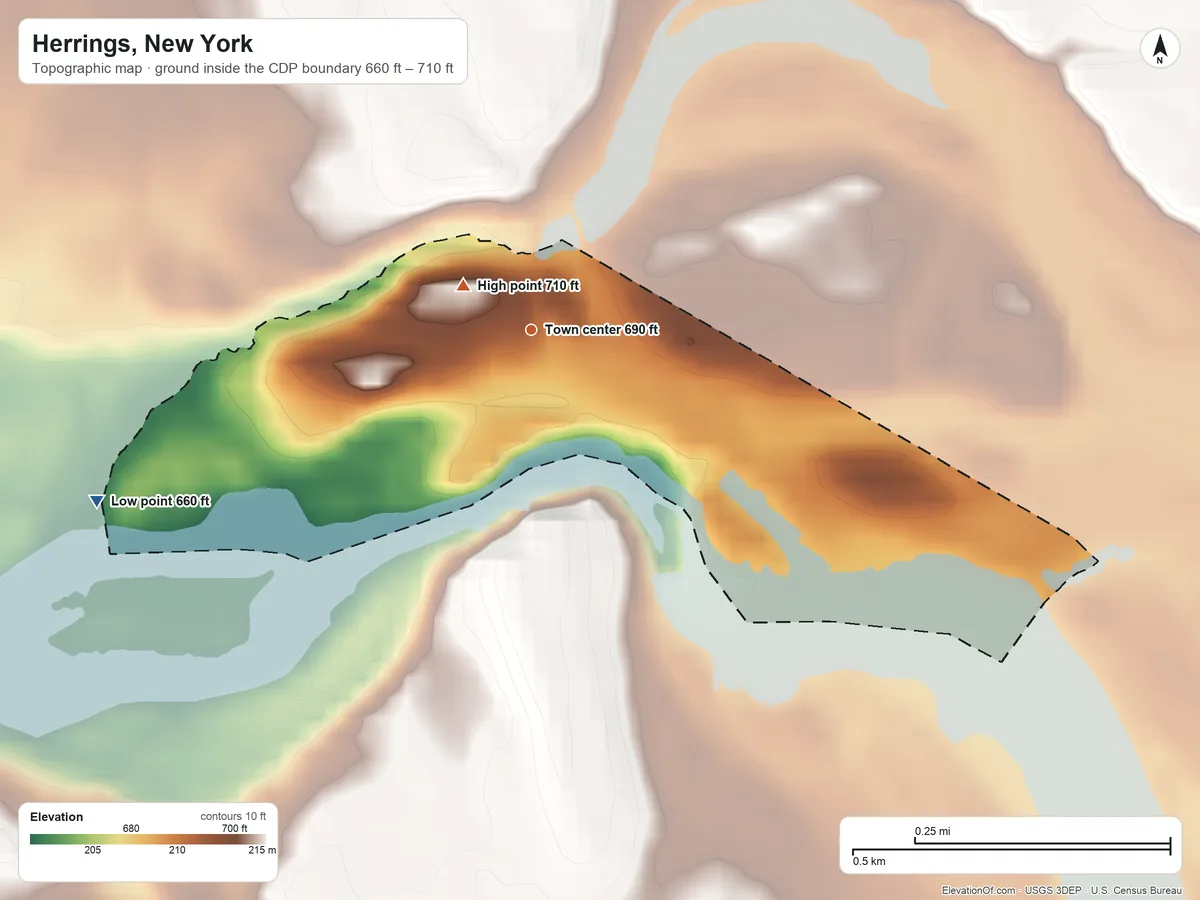 Topographic elevation map of Herrings, New York, shaded from 660 ft on the west side to 710 ft near the middle