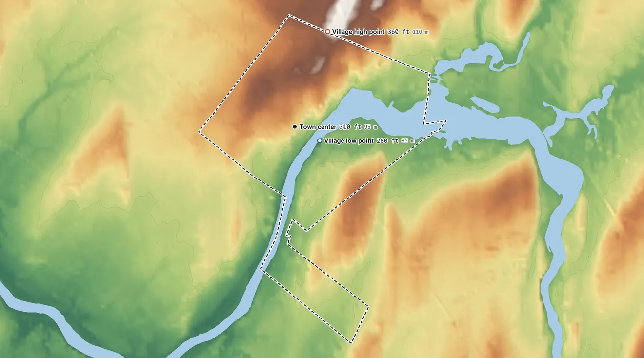 Topographic elevation map of Heuvelton, New York, shaded from 280 ft near the middle to 360 ft on the north side