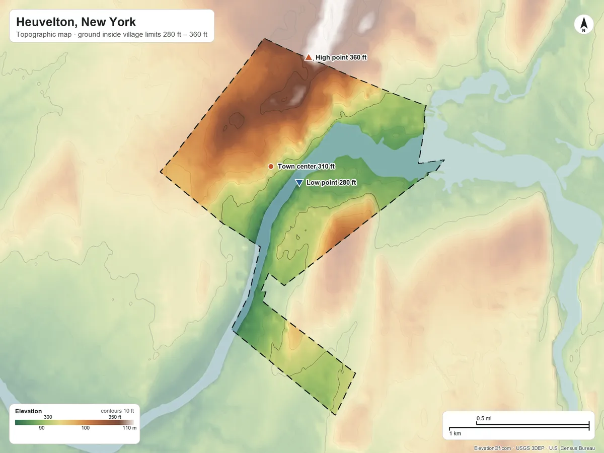 Topographic elevation map of Heuvelton, New York, shaded from 280 ft near the middle to 360 ft on the north side