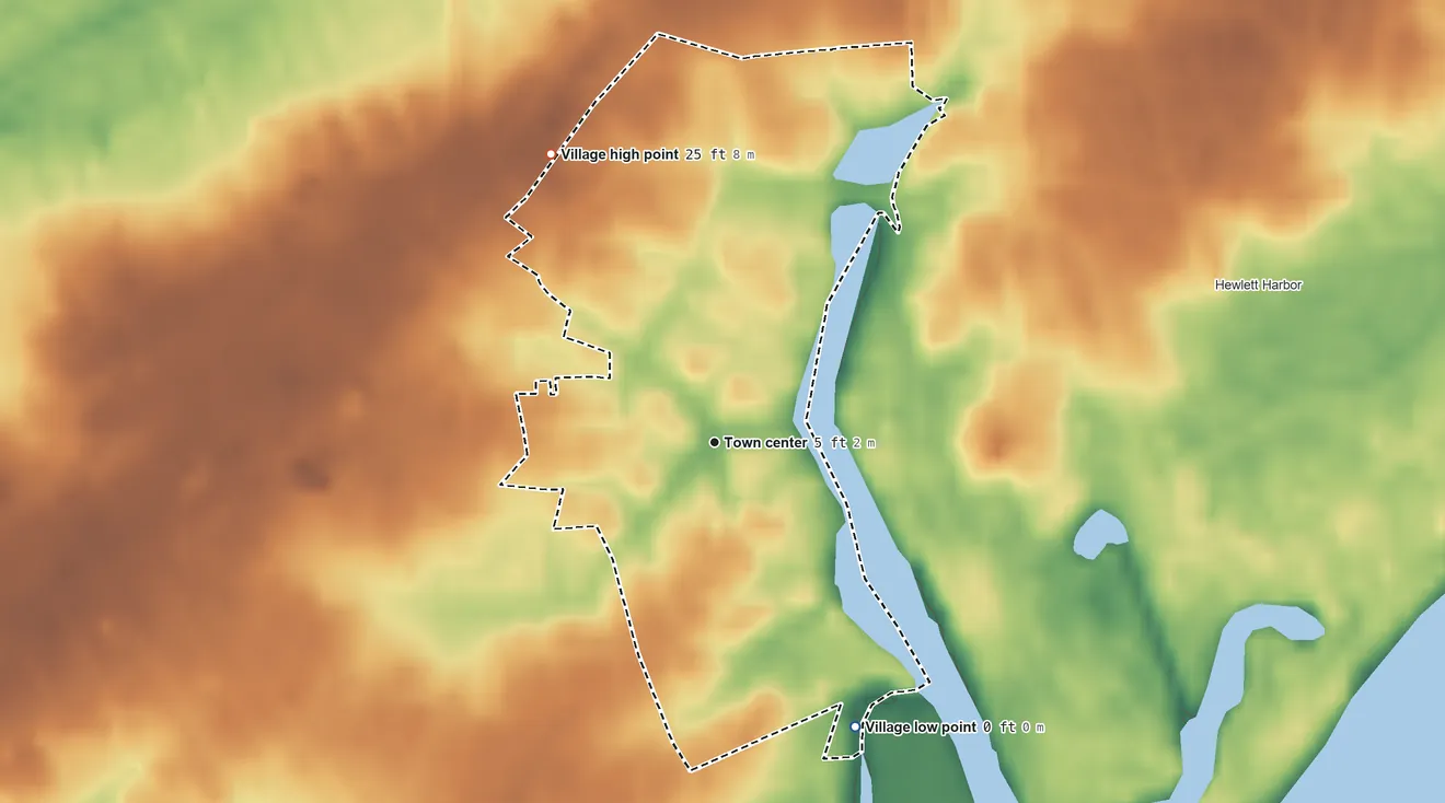 Topographic elevation map of Hewlett Bay Park, New York, shaded from 0 ft on the southeast side to 25 ft on the northwest side