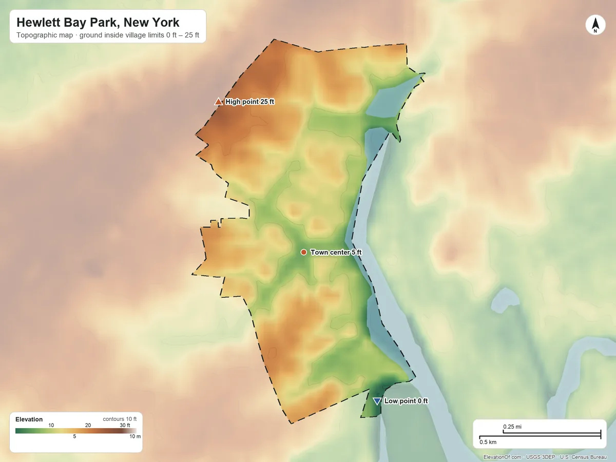 Topographic elevation map of Hewlett Bay Park, New York, shaded from 0 ft on the southeast side to 25 ft on the northwest side