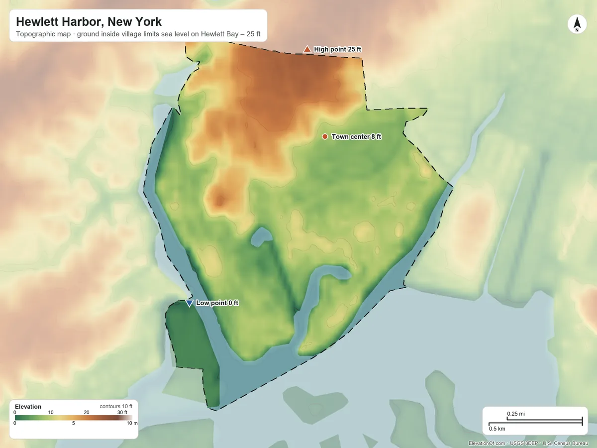 Topographic elevation map of Hewlett Harbor, New York, shaded from sea level level on Hewlett Bay to 25 ft on the north side